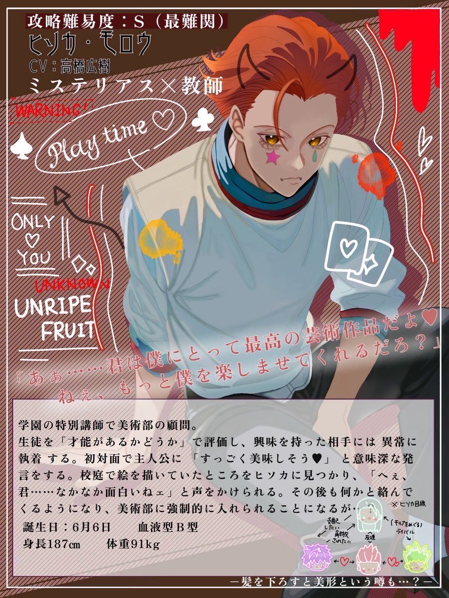 churi0623's tweet image. 【HXH】 《HUNTERXHUNTER 学園恋愛シミュレーション~狩人学園の恋~》←(?)
学パロ⚠️乙女ゲーム風プロフィール
🎣/⚡️/🃏/📍
※世界観ゆるめのif設定&妄想ありです。苦手な方はご注意ください。
#hxhfanart #hxh
#学パロ #イラスト
#ハンタープラス