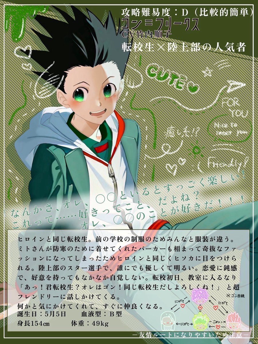 churi0623's tweet image. 【HXH】 《HUNTERXHUNTER 学園恋愛シミュレーション~狩人学園の恋~》←(?)
学パロ⚠️乙女ゲーム風プロフィール
🎣/⚡️/🃏/📍
※世界観ゆるめのif設定&妄想ありです。苦手な方はご注意ください。
#hxhfanart #hxh
#学パロ #イラスト
#ハンタープラス