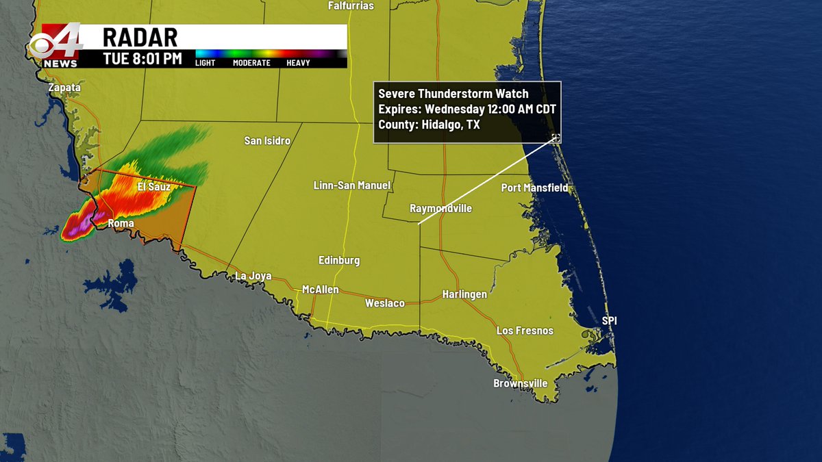 BryanHaleCBS4's tweet image. A thunderstorm watch is now in effect for the entire Rio Grande Valley until Midnight. Severe thunderstorms can generate strong winds, heavy rain, frequent lightning, and hail.
#rgv #rgvwx #txwx