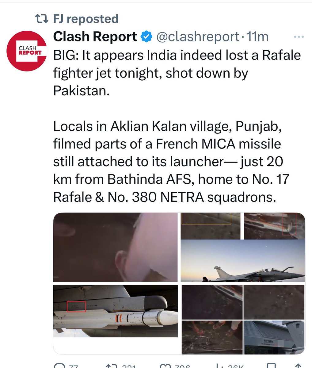 بھٹنڈا میں مارے جانے والا رافیل 17 سکوارڈن کا حصہ تھا ، ملبہ اکلیاں کلاں گاؤں میں گرا جو بھٹنڈا سے 20 کلومیٹر دور ہے ، ملبے میں فرانسیسی MICA میزائل دیکھے جا سکتے ہیں ۔ CONFIRMED NOW