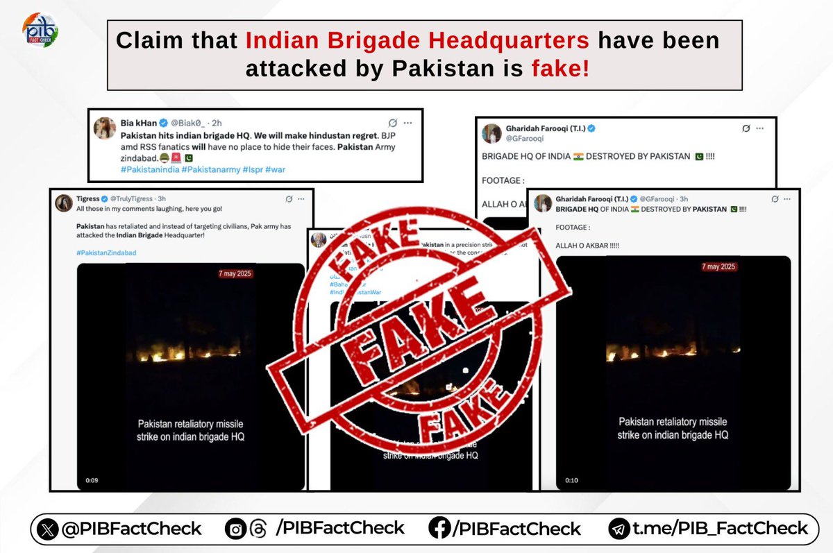 The stamp of fake on the screenshot of several social media posts that claims that Pakistan has destroyed Indian Brigade Headquarters.