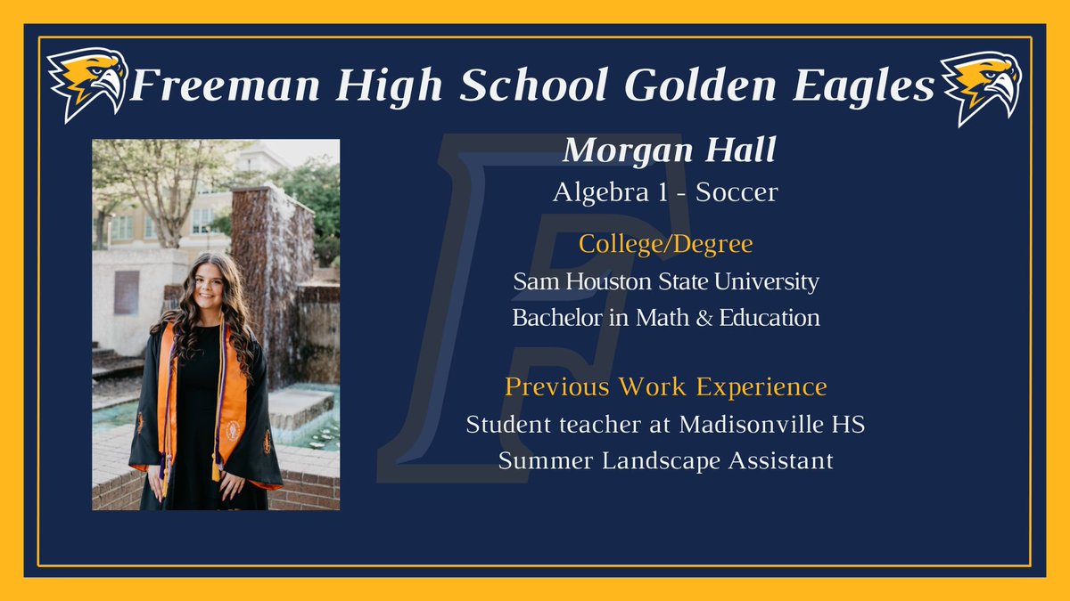 Jacqueline Cordova Vela (@jcordovamath) on Twitter photo We’re thrilled to announce a new variable in our equation of excellence — Morgan Hall! She’s here to help our students calculate success, divide challenges, and solve for greatness. We’re rooting for a year full of positive functions and limitless learning! <a href="/GoldenFHSEagles/">Freeman High School</a> We’re thrilled to announce a new variable in our equation of excellence — Morgan Hall! She’s here to help our students calculate success, divide challenges, and solve for greatness. We’re rooting for a year full of positive functions and limitless learning! <a href="/GoldenFHSEagles/">Freeman High School</a>