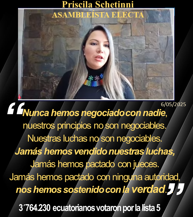 Manaba20172025's tweet photo. “Nunca hemos negociado con nadie, 
nuestros principios no son negociables
Nuestras luchas no son negociables. 
Jamás hemos vendido nuestras luchas 
Jamás hemos pactado con jueces 
Jamás hemos pactado con ninguna autoridad, 
nos hemos sostenido con la verdad…” @PrisSchettini Asambleísta Electa RC5
06/05/2025
@angeporras1971 
@MashiRafael 
@LuisaGonzalezEc 

#JuecesConRaboDePaja
#NosGobiernanDelincuentes