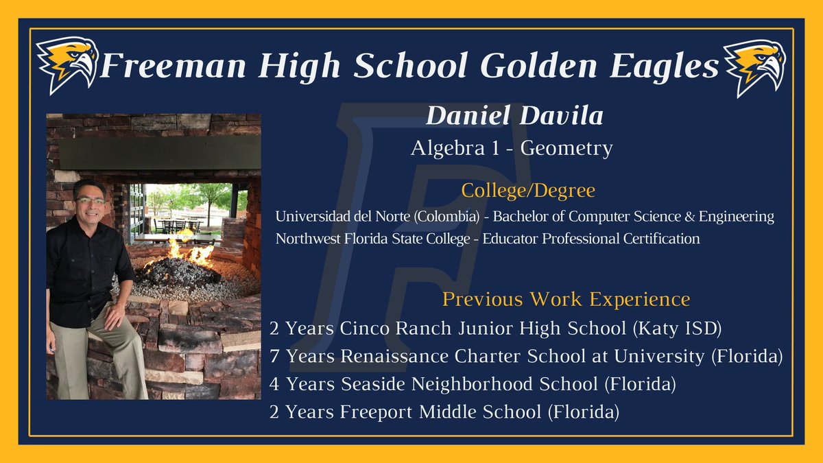 Jacqueline Cordova Vela (@jcordovamath) on Twitter photo Meet our prime new addition - Daniel Davila! He’s got the equation for engagement, the strategy for success, and enough pi to go around. We’re geometrically giddy to have him on board! <a href="/GoldenFHSEagles/">Freeman High School</a> Meet our prime new addition - Daniel Davila! He’s got the equation for engagement, the strategy for success, and enough pi to go around. We’re geometrically giddy to have him on board! <a href="/GoldenFHSEagles/">Freeman High School</a>