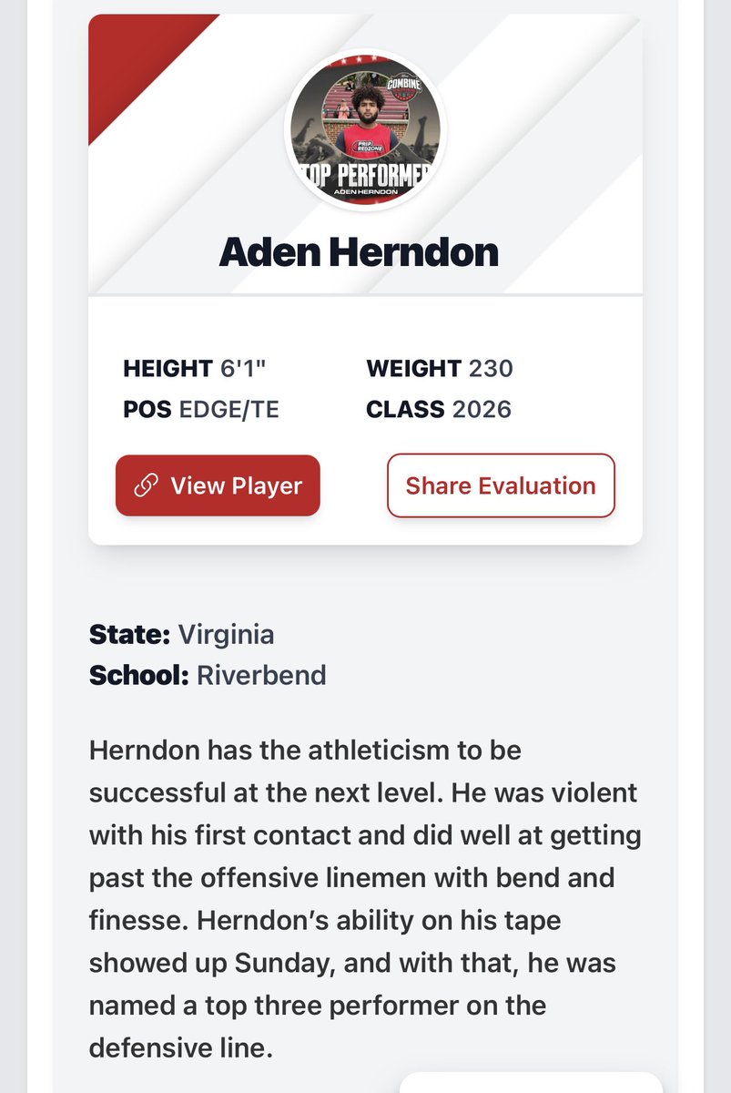 Aden Herndon (@adenherndon08) on Twitter photo Thank you <a href="/PrepRedzoneVA/">Prep Redzone Virginia</a> for the opportunity Sunday to compete in the Cville Combine. I’m honored to be named one of the top three DL. Thank you <a href="/TylerStevens94/">Tyler Stevens</a> for making the trip and for the write up.
<a href="/RHSBears_FB/">Riverbend Football</a> <a href="/coachwebb804/">Coach Webb</a> <a href="/CoachJSharon/">Coach Sharon</a> <a href="/Action_Speed_Tr/">Action_Wallace 💨</a> <a href="/Burnett_FSG/">Tristen Burnett</a> Thank you <a href="/PrepRedzoneVA/">Prep Redzone Virginia</a> for the opportunity Sunday to compete in the Cville Combine. I’m honored to be named one of the top three DL. Thank you <a href="/TylerStevens94/">Tyler Stevens</a> for making the trip and for the write up.
<a href="/RHSBears_FB/">Riverbend Football</a> <a href="/coachwebb804/">Coach Webb</a> <a href="/CoachJSharon/">Coach Sharon</a> <a href="/Action_Speed_Tr/">Action_Wallace 💨</a> <a href="/Burnett_FSG/">Tristen Burnett</a>