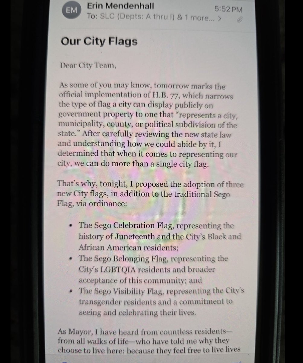 Eric Moutsos (@realericmoutsos) on Twitter photo 🚨BREAKING🚨SLC, Utah Mayor Mendenhall is proposing to add two more "official" flags to the city; the gay pride flag and "transgender" flag, to be seen with the Sego Celebration flag <a href="/slcmayor/">Mayor Erin Mendenhall</a> ...Just how far can SLC fall from the conception of our once great state? 🚨BREAKING🚨SLC, Utah Mayor Mendenhall is proposing to add two more "official" flags to the city; the gay pride flag and "transgender" flag, to be seen with the Sego Celebration flag <a href="/slcmayor/">Mayor Erin Mendenhall</a> ...Just how far can SLC fall from the conception of our once great state?