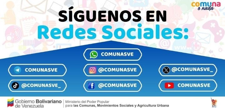 Síguenos en nuestras Redes Sociales: 🫱🏻‍🫲🏾

🔺Instagram: instagram.com/comunasve
🔺Facebook: facebook.com/ComunasVE 
🔺TikTok: tiktok.com/@comunasve_?_t…
🔺Canal de WhatsApp: whatsapp.com/channel/0029Va…
🔺Canal de Telegram: t.me/ComunasVE pic.x.com/jLYgYNnlGg