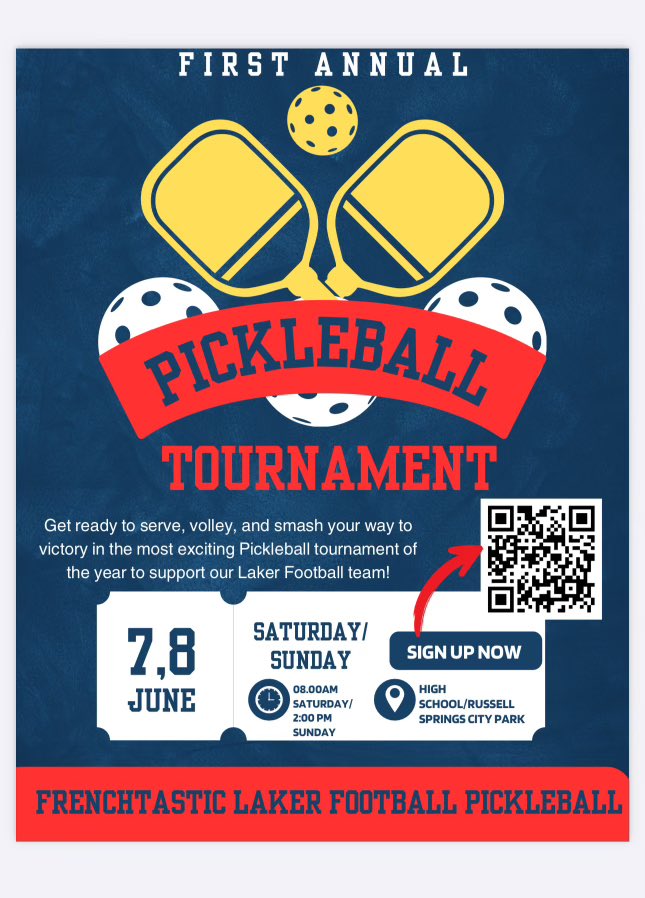 Russell County Football (@rc_mightylakers) on Twitter photo Love pickle ball? Have fun playing while supporting the Mighty Laker Football program ⚓️
#lakernation #wearerussell #pickleball Love pickle ball? Have fun playing while supporting the Mighty Laker Football program ⚓️
#lakernation #wearerussell #pickleball