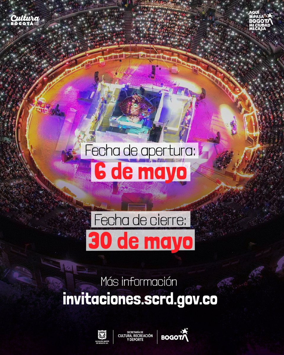Secretaría de Cultura de Bogotá (@culturaenbta) on Twitter photo Por segundo año consecutivo, desde <a href="/CulturaenBta/">Secretaría de Cultura de Bogotá</a> abrimos convocatoria para que los creadores escénicos postulen sus propuestas y hagan parte de los espectáculos navideños en:
📍 Plaza Cultural La Santamaría
📍 Parque Metropolitano El Tunal
En esta segunda versión de Por segundo año consecutivo, desde <a href="/CulturaenBta/">Secretaría de Cultura de Bogotá</a> abrimos convocatoria para que los creadores escénicos postulen sus propuestas y hagan parte de los espectáculos navideños en:
📍 Plaza Cultural La Santamaría
📍 Parque Metropolitano El Tunal
En esta segunda versión de