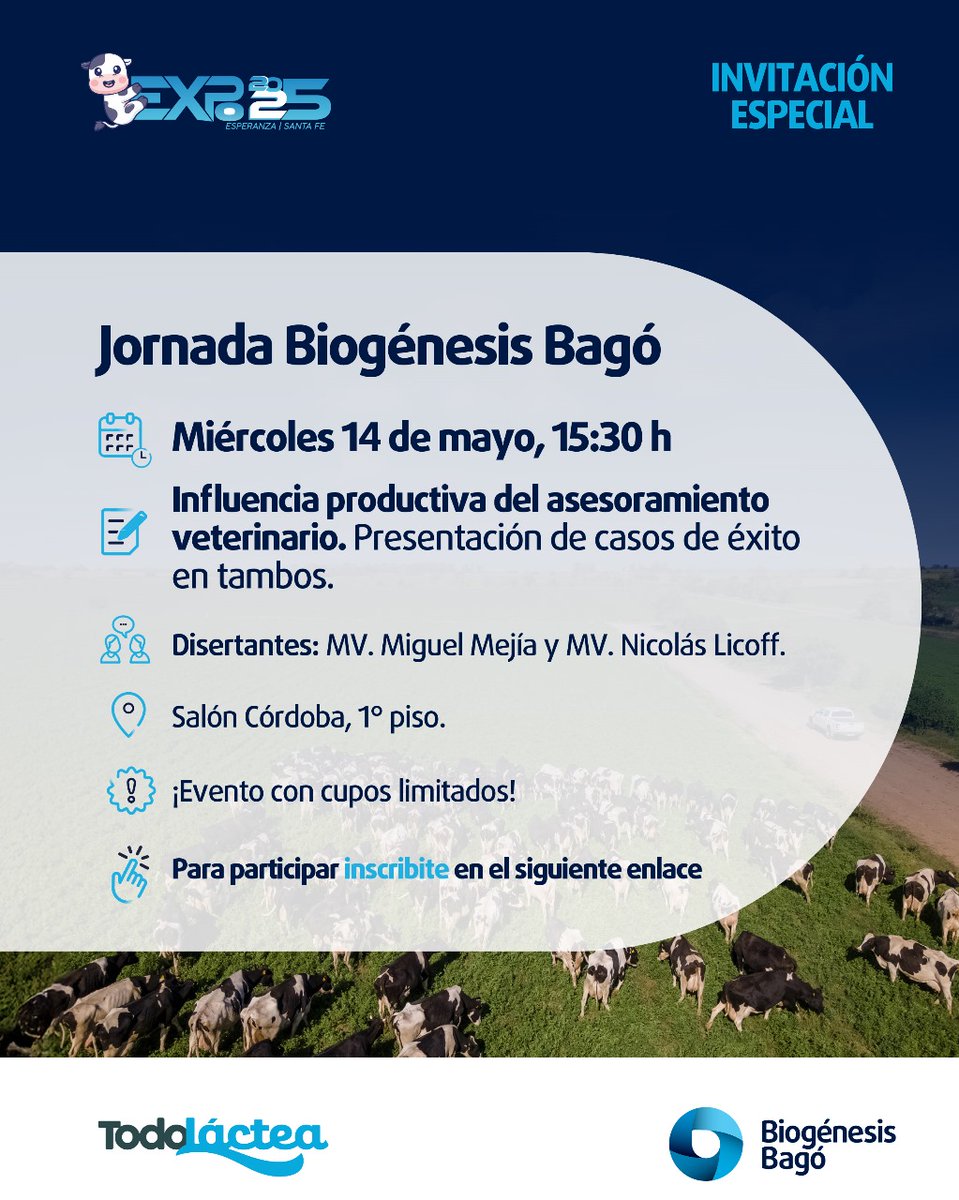 Miguel E. Mejía (@mejiavet) on Twitter photo Voy a estar en TodoLactea con dos charlas. Los espero.
Creo que los voy a sorprender en la del 13.
En la del 14 comparto con el Dr. Licoff que va a mostrar la importancia del vete en el tambo, en la toma de decisiones.
Gracias <a href="/biogenesisbago/">Biogénesis Bagó</a> y <a href="/JuanCMuriel/">@juancmuriel</a> por invitarme. Voy a estar en TodoLactea con dos charlas. Los espero.
Creo que los voy a sorprender en la del 13.
En la del 14 comparto con el Dr. Licoff que va a mostrar la importancia del vete en el tambo, en la toma de decisiones.
Gracias <a href="/biogenesisbago/">Biogénesis Bagó</a> y <a href="/JuanCMuriel/">@juancmuriel</a> por invitarme.