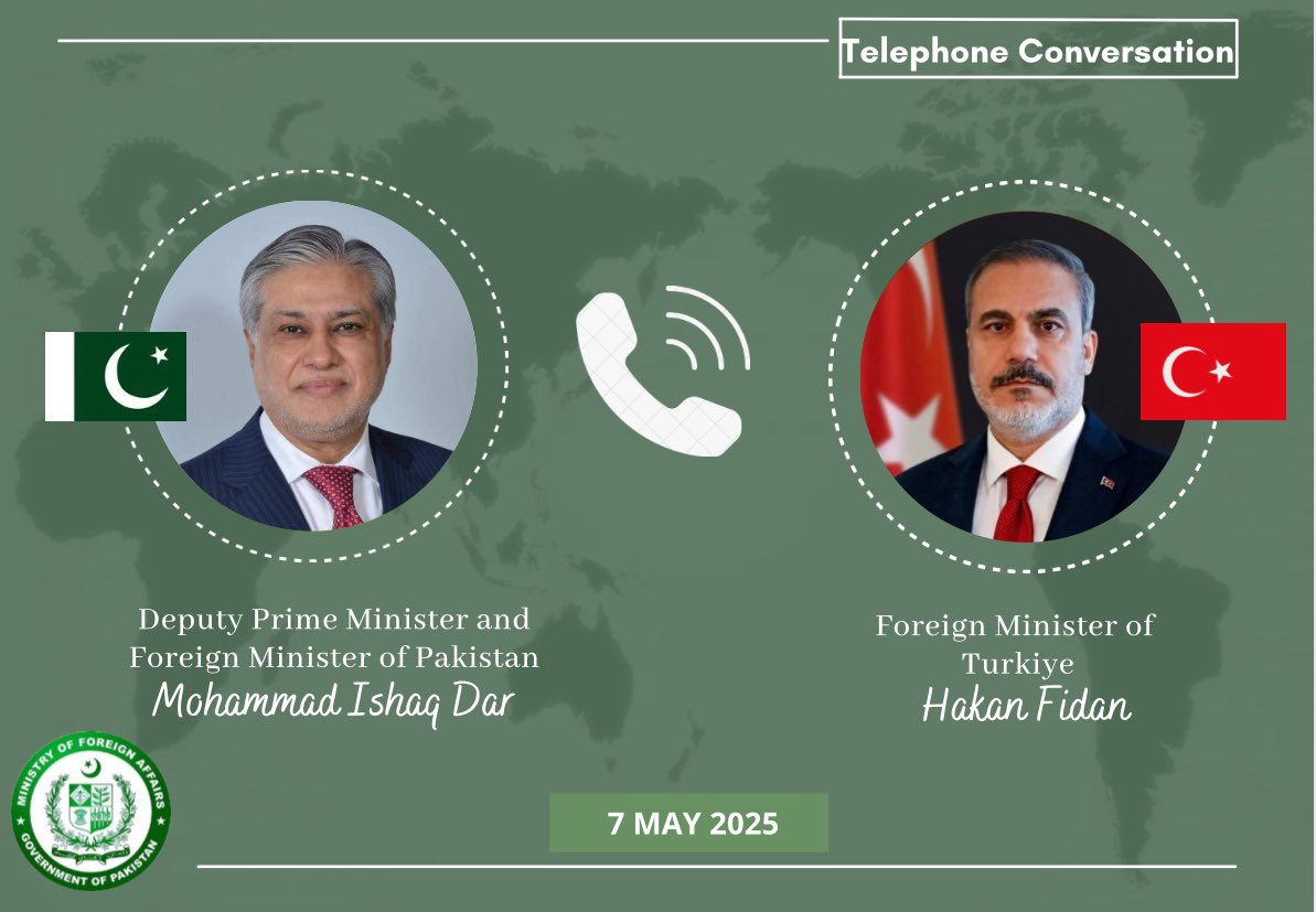 FM of Türkiye <a href="/HakanFidan/">Hakan Fidan</a> called DPM/FM <a href="/MIshaqDar50/">Ishaq Dar</a> to express Türkiye’s solidarity with Pakistan against India’s unprovoked aggression violating Pakistan’s sovereignty and killing innocent civilians. 
He expressed concern over the deteriorating regional security situation. Both