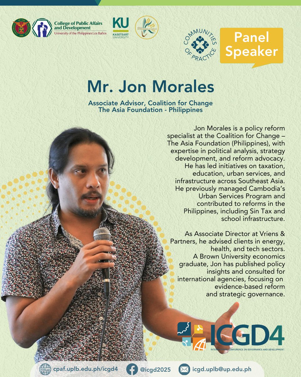 uplbcpaf's tweet photo. #ICGD4 panel speakers, under the theme, Communities of Practice for Glocal Development:

📍Dr. Barbara Pamphilon (University of Canberra)
📍Dr. Moises Neil Seriño (Visayas State University)
📍Mr. Jon Morales (The Asia Foundation – Philippines) https://t.co/Hr1cOTFU2q