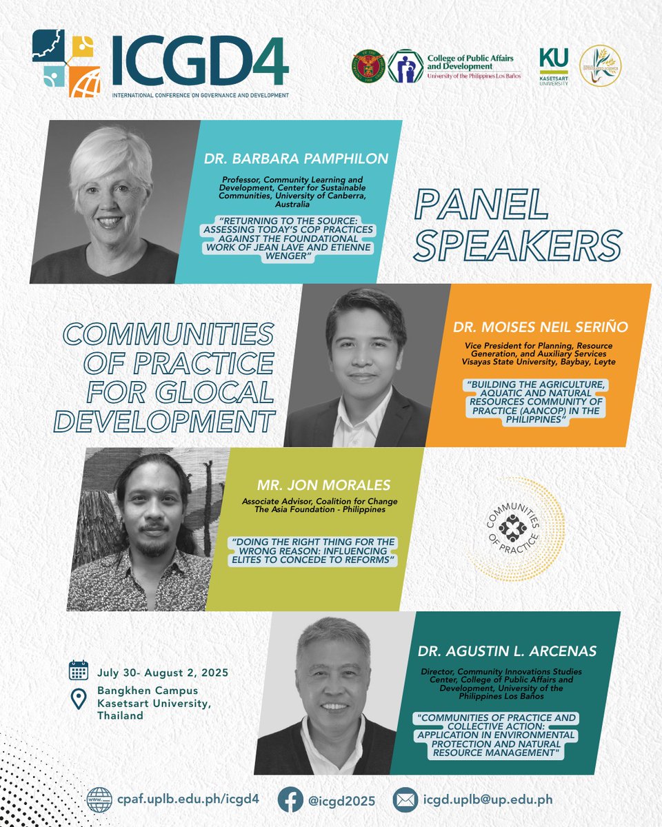 uplbcpaf's tweet photo. #ICGD4 panel speakers, under the theme, Communities of Practice for Glocal Development:

📍Dr. Barbara Pamphilon (University of Canberra)
📍Dr. Moises Neil Seriño (Visayas State University)
📍Mr. Jon Morales (The Asia Foundation – Philippines) https://t.co/Hr1cOTFU2q