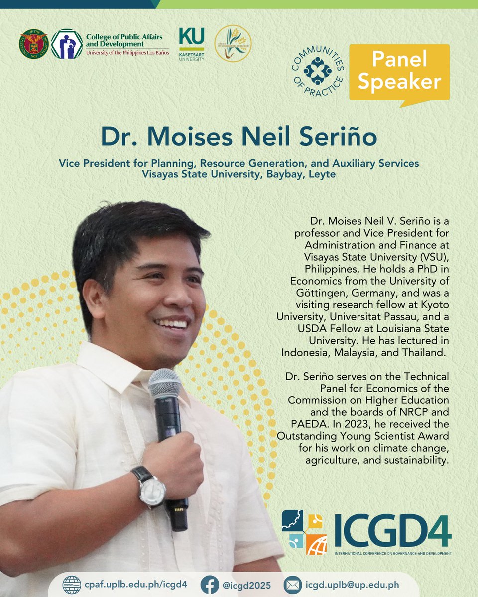 uplbcpaf's tweet photo. #ICGD4 panel speakers, under the theme, Communities of Practice for Glocal Development:

📍Dr. Barbara Pamphilon (University of Canberra)
📍Dr. Moises Neil Seriño (Visayas State University)
📍Mr. Jon Morales (The Asia Foundation – Philippines) https://t.co/Hr1cOTFU2q