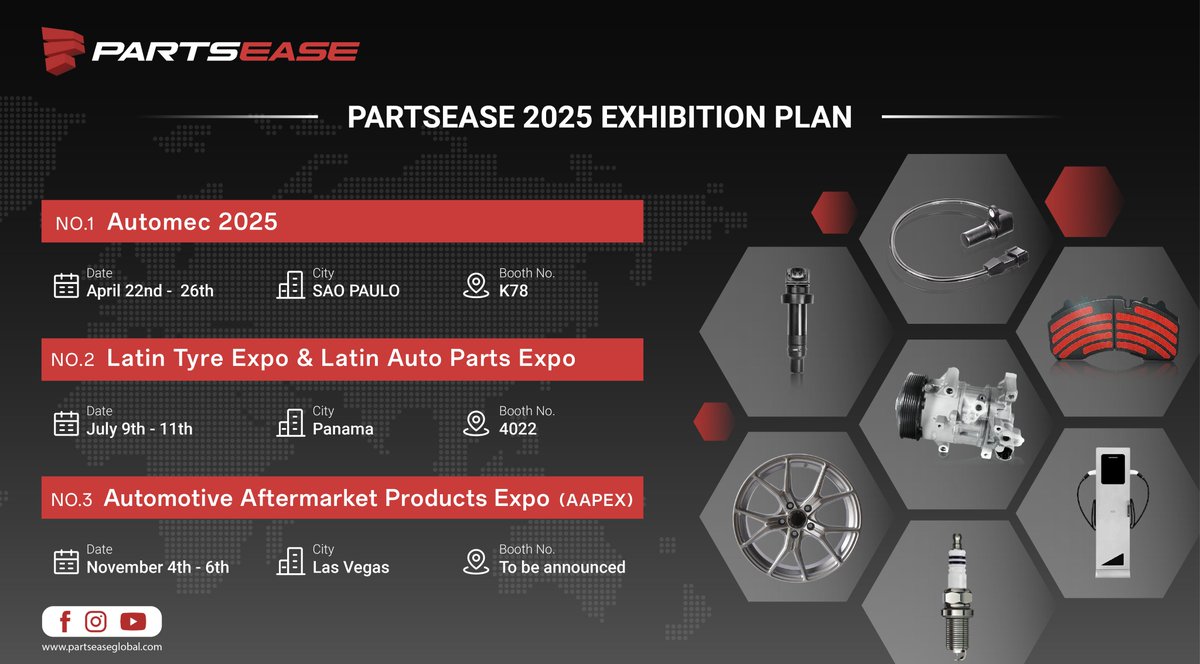 Partsease's tweet image. 🌍 PARTSEASE is going global in 2025!
🚗 Catch us at:
🔹 Automec – São Paulo | Apr 22–26
🔹 Latin Tyre Expo – Panama | Jul 9–11
🔹 AAPEX – Las Vegas | Nov 4–6
Innovation on display. Let’s connect!
🔧partseaseglobal.com
#PARTSEASE #Automec2025 #AAPEX2025 #AutoParts