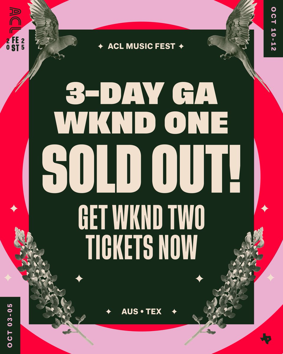 3-Day GA &amp; GA+ Tickets for Weekend One are now SOLD OUT 👏

Get your tickets for Weekend Two at aclfest.com while supplies last!