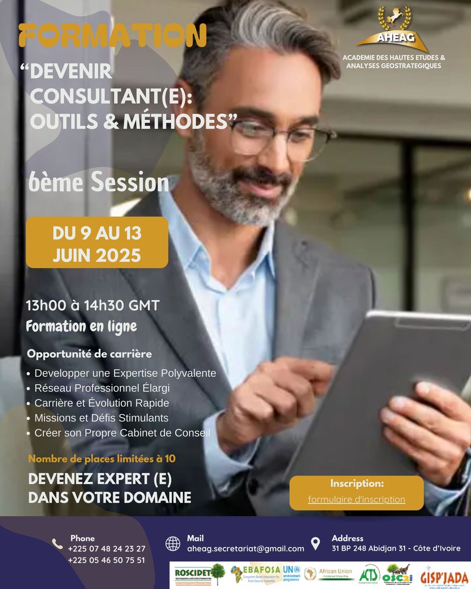 Formation au métier de consultant.e du 9 au 13 juin 2025. Depuis votre pays d'origine,  vous pouvez suivre cette formation. pour plus d'informations : lnkd.in/dYvANEiw 
#consultance #expertise #carrière