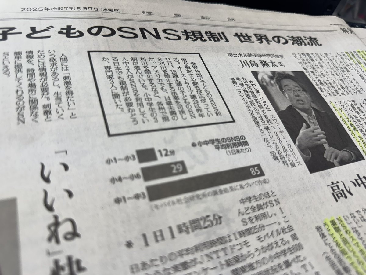 ToruKunishige's tweet image. SNSとスマホには依存性と中毒性がある。
5~18歳の子ども約200人の脳の発達をMRI による検査で3年間調査
↓
ネットの使用時間が短い子どもと比べると、長い子どもは大脳のうち3分の1の発達が止まり、大脳の神経細胞をつなぐ「大脳白質」という部分はほぼ全域の発達が止まっていた。
(読売朝刊)