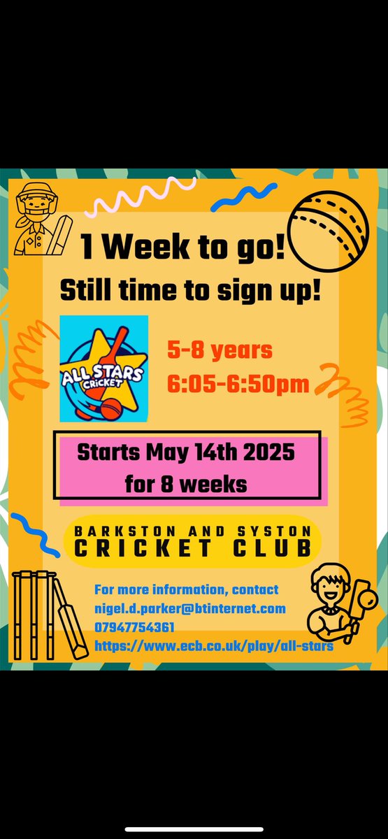 Barkston & Syston CC (@bandscc) on Twitter photo โผ๏ธโผ๏ธโผ๏ธ The countdown begins, still time to sign up ๐ฆ๐ฆ
๐ <a href="/allstarscricket/">All Stars Cricket</a> is back for summer 2025 at Barkston and Syston CC! ๐ฆ๐ฆ
โญ Allstars cricket 5-8 year Olds
Sign up here โฌ๏ธโฌ๏ธ
โญ๏ธ๐ - ecb.clubspark.uk/AllStars/bandsโฆ โผ๏ธโผ๏ธโผ๏ธ The countdown begins, still time to sign up ๐ฆ๐ฆ
๐ <a href="/allstarscricket/">All Stars Cricket</a> is back for summer 2025 at Barkston and Syston CC! ๐ฆ๐ฆ
โญ Allstars cricket 5-8 year Olds
Sign up here โฌ๏ธโฌ๏ธ
โญ๏ธ๐ - ecb.clubspark.uk/AllStars/bandsโฆ