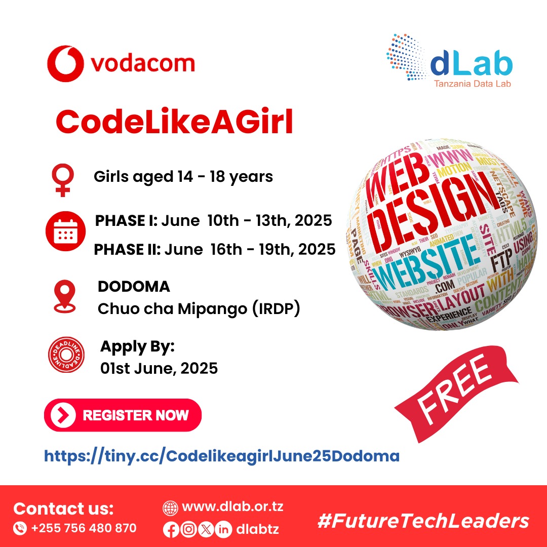 👋Hello #FutureTechLeaders in Dodoma!

We’re inviting young girls in Dodoma to join our FREE #codelikeagirl session and start your tech journey! 👩‍💻

📅 10th–13th June 2025
📅 16th–19th June 2025

📍 Chuo cha Mipango (IRDP)

🔗 tiny.cc/CodelikeagirlJ…

#dlabTz #datarevolutiontz