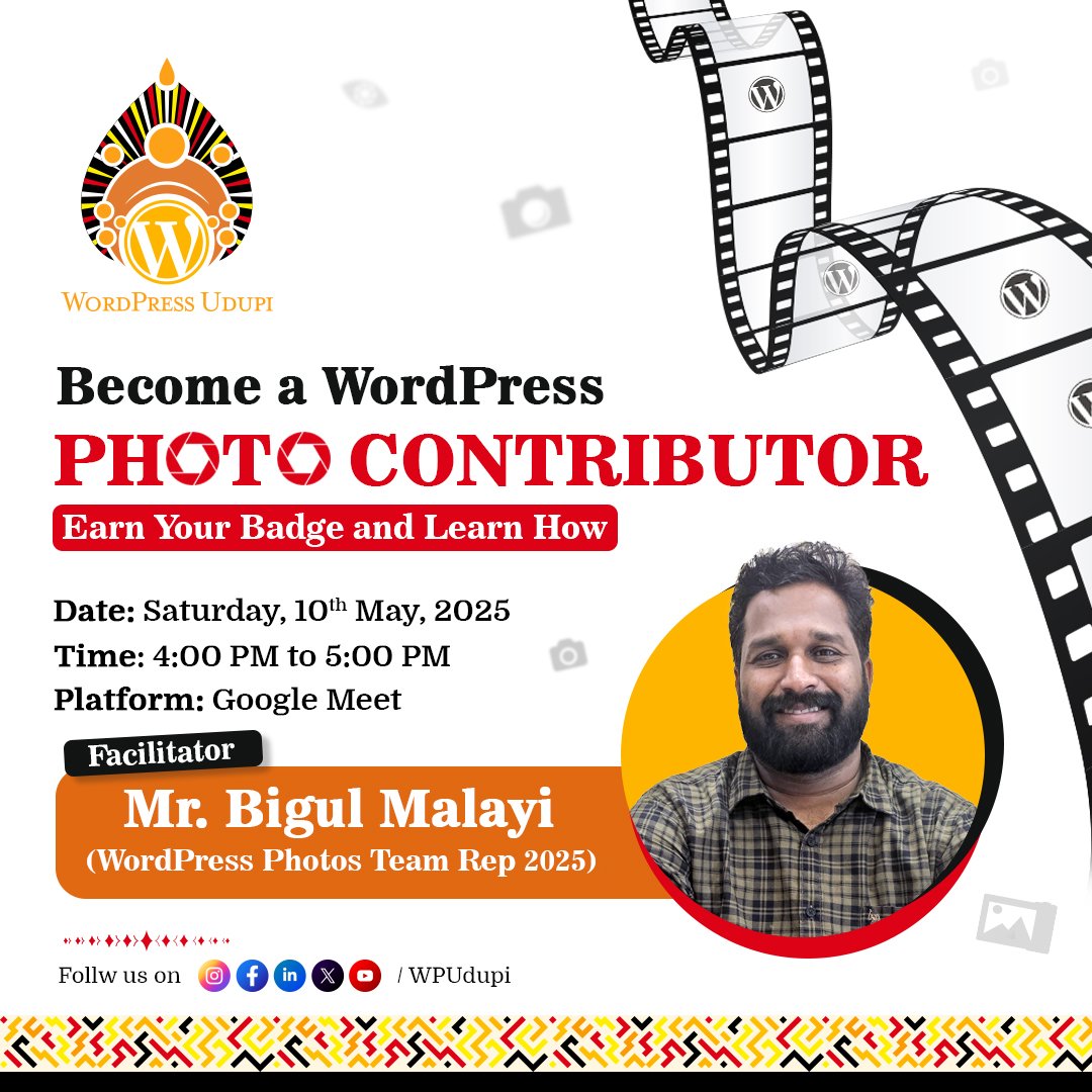 Ready to contribute to the WordPress Photo Directory? 

Join us for an exclusive workshop with Bigul Malayi.

Learn how you can upload your photos, earn a badge, &amp; become a contributor to the WordPress community. 🚀

More details: 
meetup.com/wpudupi/events…

#WPUdupi #WordPress