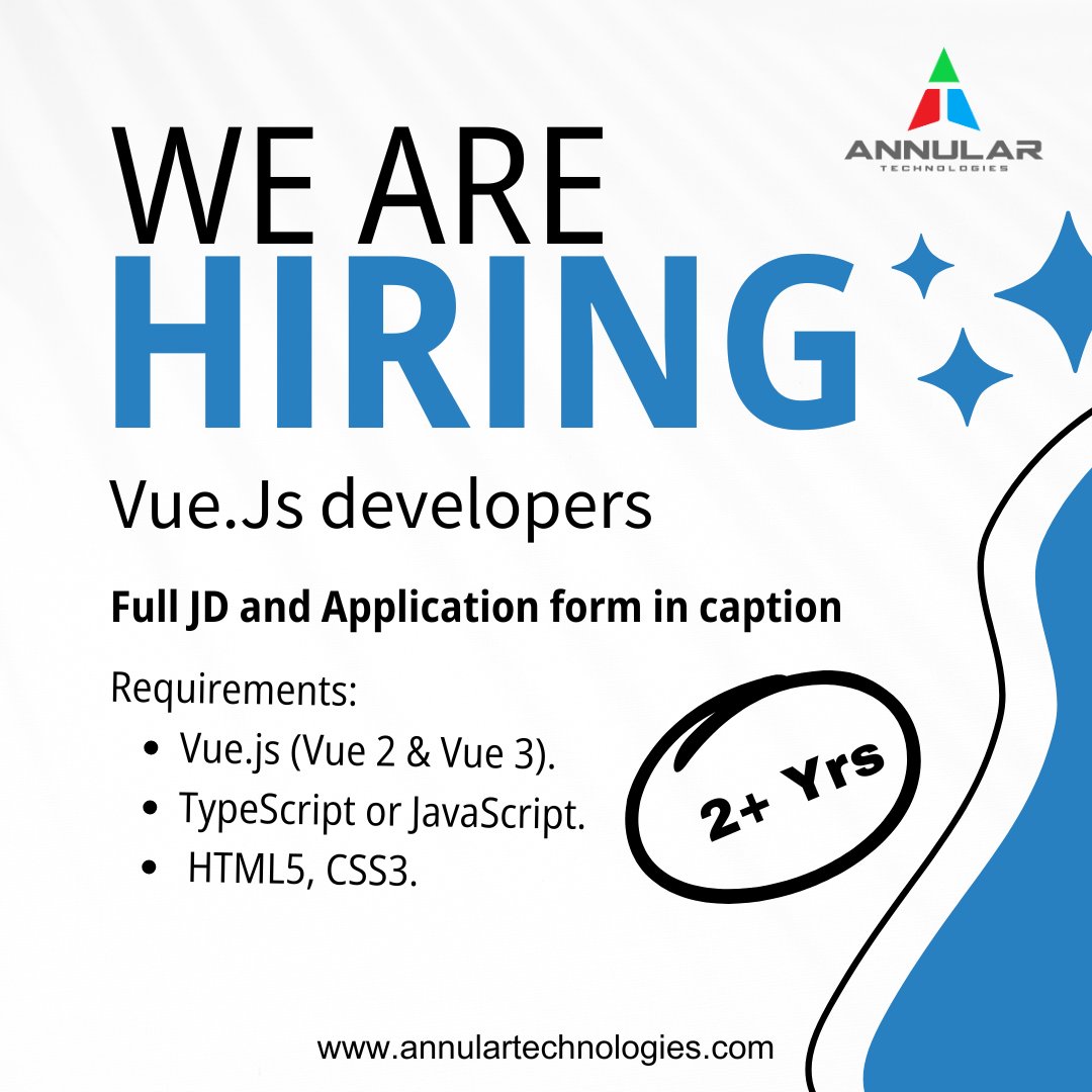 team_annular's tweet image. Annular Technologies is looking for a skilled Vue.js Developer with 2+ years of experience to join our team. Location: Chennai
Experience: 2+ years in Vue.js development
Application form: forms.gle/RcLyy6MsjCBYyf…
#wearehiring #vuejs #vuedeveloper #vuejobs #javascriptjobs