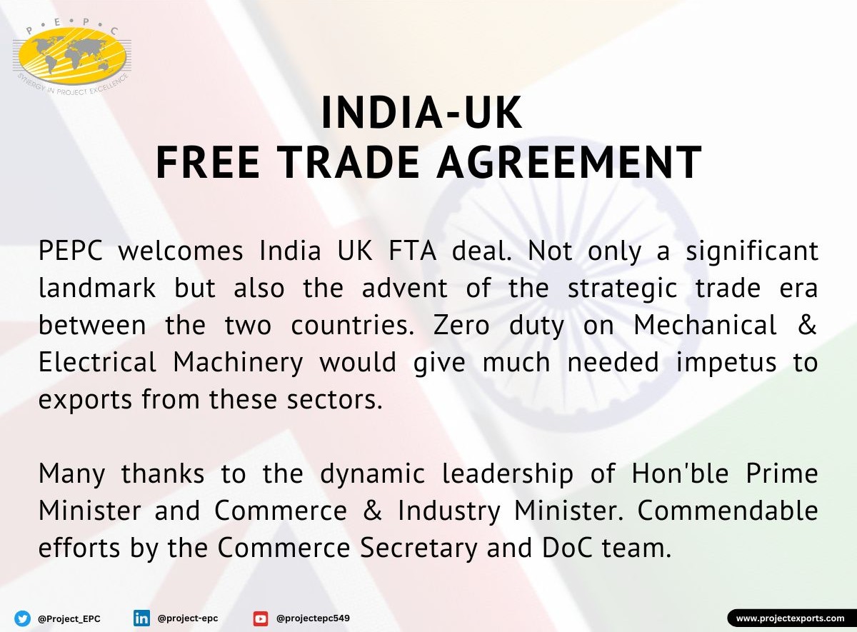 Project_EPC's tweet image. PEPC welcomes this transformative deal, paving the way for innovation, prosperity &amp;amp; stronger global trade ties! 🚀 
@DoC_GoI @dgftindia 
#IndiaUKFTA #TradeGrowth #PEPC