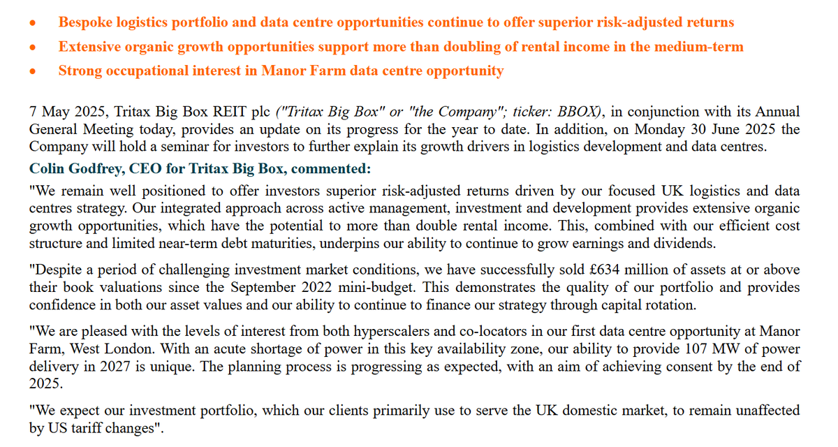 YstoneAdvisory's tweet photo. #BBOX - continue to manage logistics and data centre properties well. Selling assets above BV alongside good growth in core portfolio https://t.co/247oUm9uLV