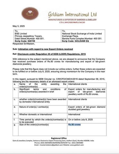 diksha86jain's tweet image. Goldiam just secured an ₹80 Cr export order!

Lab-grown diamond jewellery, made in India — going global.

This order reflects the growing presence of Indian craftsmanship in the global market.

#Goldiam #ExportOrder #IndianJewellery #BusinessNews #GlobalMarket