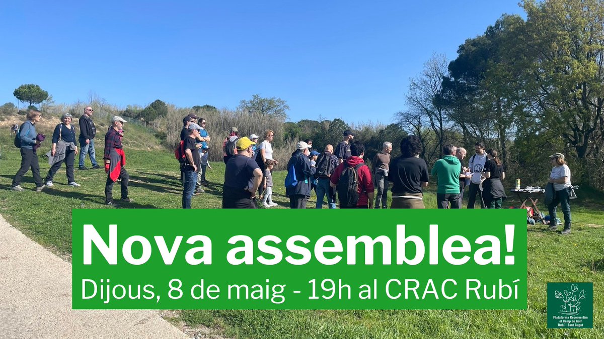 Et vols implicar en la lluita per preservar i cuidar l'entorn natural de #rubicity i #santcugat?

Fas ús de l'antic camp de golf i també creus que hi ha altres espais més idonis per fer pisos?

T'esperem demà!
📢 Nova assemblea
🗓 8 de maig a les 19h
📍 <a href="/CRACRubi/">CRAC Rubí</a>