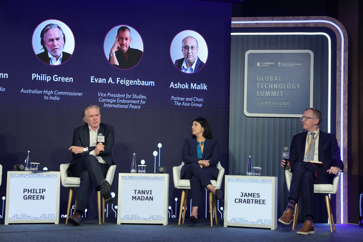 CarnegieIndia's tweet image. At the 9th #GlobalTechSummit, @AmbAckermann, @AusHCIndia, @EvanFeigenbaum, @MalikAshok, @RosaBalfour, @tanvi_madan &amp;amp; @jamescrabtree joined a marquee panel titled ‘Sambhavna: Next is What?’ to unpack shifting geopolitics and economic realignments.

Watch: youtu.be/_cGh5q54hAQ?si…