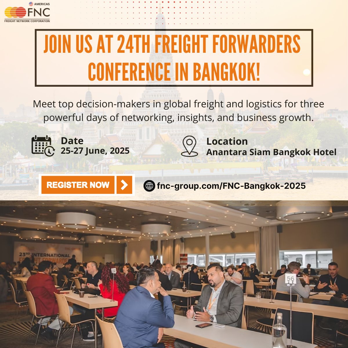 FNCGroupAmerica's tweet image. 🌏 The Countdown Begins!

We are thrilled to announce the 24th FNC International Freight Forwarders Conference is heading to Bangkok, Thailand!

📍 : Bangkok, Thailand
📅 : 25-27 June, 2025

Register: fnc-group.com/FNC-Bangkok-20…

#FreightForwarding #FreightEvent #LogisticsEvent