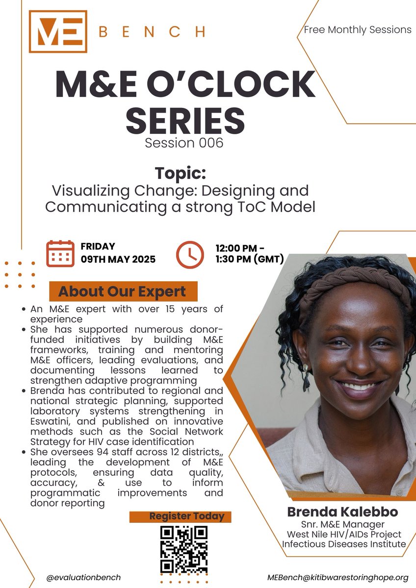 M&E Bench (@evaluationbench) on Twitter photo All is set for our 6th free M&E O'clock Session this Friday at 12:00pm (GMT).
Join us as <a href="/BrendaKalebbo/">Brenda Kalebbo Mukasa</a> from <a href="/IDIMakerere/">Infectious Diseases Institute, Makerere University</a> shares her experience on Visualizing Change: Designing and communicating a strong Theory of Change Model.
Register in advance for this session: All is set for our 6th free M&E O'clock Session this Friday at 12:00pm (GMT).
Join us as <a href="/BrendaKalebbo/">Brenda Kalebbo Mukasa</a> from <a href="/IDIMakerere/">Infectious Diseases Institute, Makerere University</a> shares her experience on Visualizing Change: Designing and communicating a strong Theory of Change Model.
Register in advance for this session: