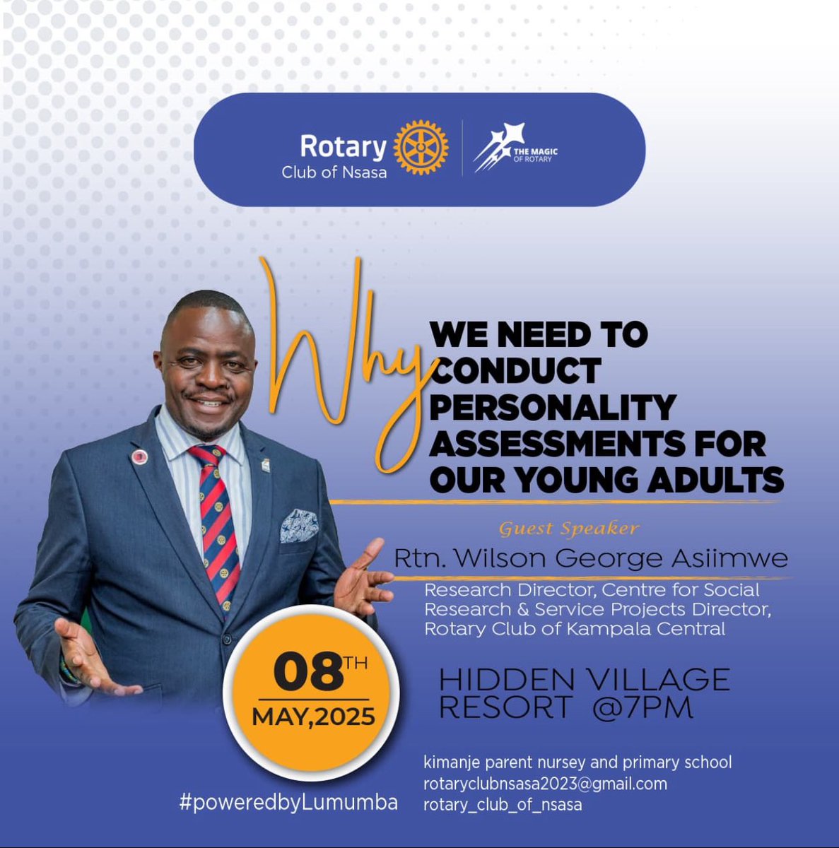 Rotary club of Nsasa (@rcnsasa) on Twitter photo Happy New Month RCN๐ซถ๐ฝ
Youth Service is our theme for the month as we enjoy fellowship, join us on Thursday on 8th May, to Learn how and why we should conduct personality assessments for our young adults in our families and work spaces.
Below is the link;
meet.google.com/eoz-jwrf-pqa Happy New Month RCN๐ซถ๐ฝ
Youth Service is our theme for the month as we enjoy fellowship, join us on Thursday on 8th May, to Learn how and why we should conduct personality assessments for our young adults in our families and work spaces.
Below is the link;
meet.google.com/eoz-jwrf-pqa