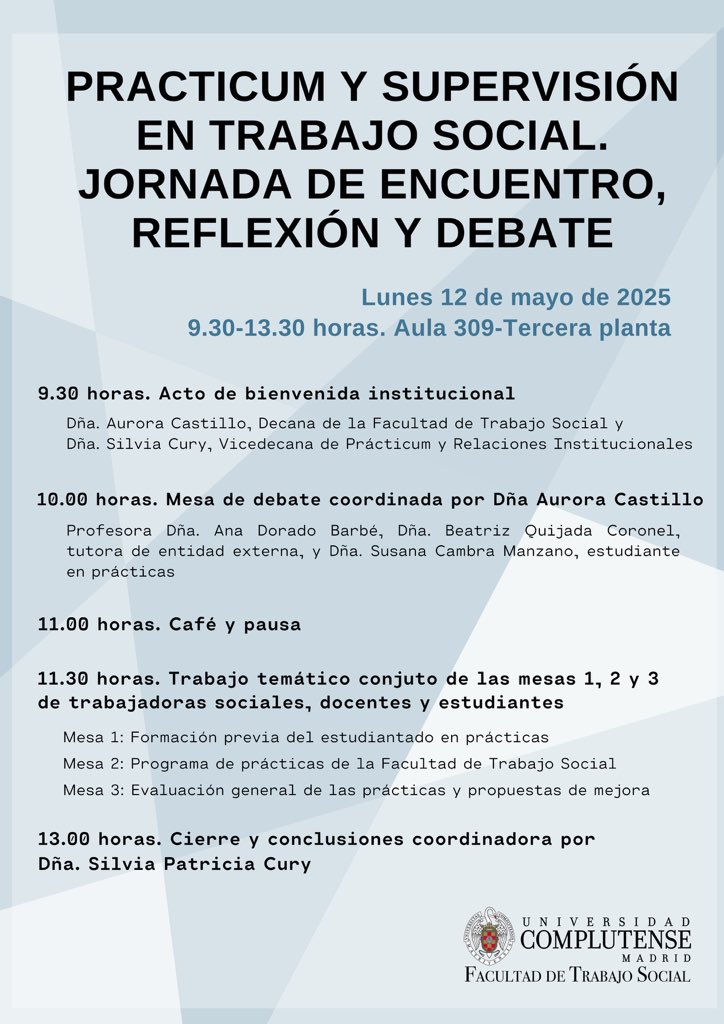 📌 El proximo lunes 12 de mayo celebramos en horario de mañana el acto “Practicum y Supervisión en Trabajo Social. Jornada de encuentro, reflexión y debate” en el aula 309.

La inscripción es obligatoria en el siguiente enlace: docs.google.com/forms/d/e/1FAI…