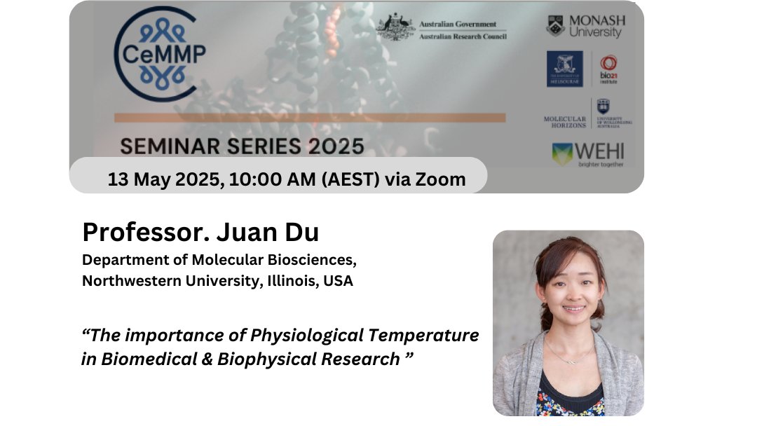 ARC CCeMMP (@ccemmp) on Twitter photo <a href="/arc_gov_au/">Australian Research Council</a> CCeMMP Seminar alert⏰ We welcome Professor Juan Du, Department of Molecular Biosciences, Northwestern University, Illinois, USA!
“The importance of Physiological Temperature in Biomedical & Biophysical Research”
More details and register:
ccemmp.org/events/ccemmp-… <a href="/arc_gov_au/">Australian Research Council</a> CCeMMP Seminar alert⏰ We welcome Professor Juan Du, Department of Molecular Biosciences, Northwestern University, Illinois, USA!
“The importance of Physiological Temperature in Biomedical & Biophysical Research”
More details and register:
ccemmp.org/events/ccemmp-…