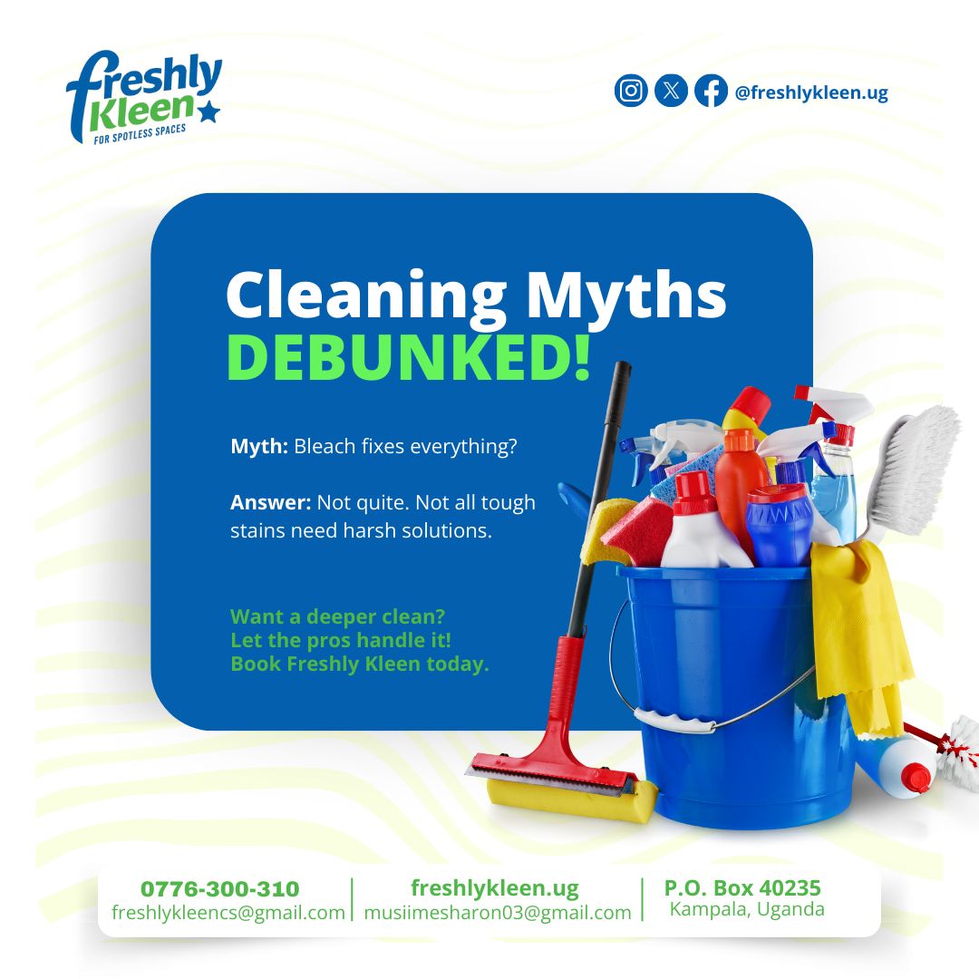 Not every stain needs bleach. In fact, some need the opposite.

Let us handle your surfaces the safe, smart way. Call +256776300310

#FreshlyKleen #CleaningMyths
#SmartCleaning #SpotlessSpaces #mujemedia