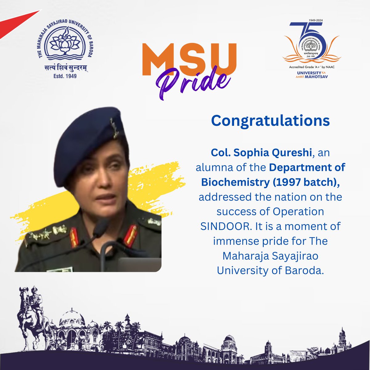 Pride of MSU!
Col. Sophia Qureshi, alumna of Dept. of Biochemistry (1997 batch), addressed the nation on the success of Operation SINDOOR.
A proud moment for The Maharaja Sayajirao University of Baroda! 👏🎖️
#MSUBaroda #OperationSINDOOR #ProudAlumna #WomenInUniform #MSUPride