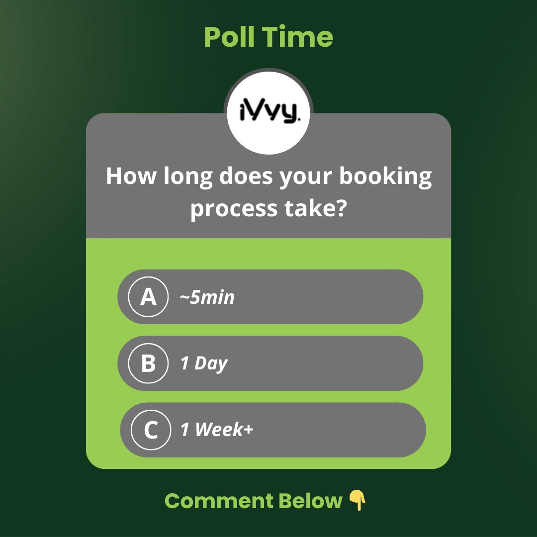 How long does your booking process take?
We're curious to know how quickly (or slowly) venues are locking in events. ⏳

Cast your vote below:
A) ~5 min
B) 1 Day
C) 1 Week+

💬 Drop your letter in the comments and tell us why!

#iVvy #VenueManagers #BookingProcess