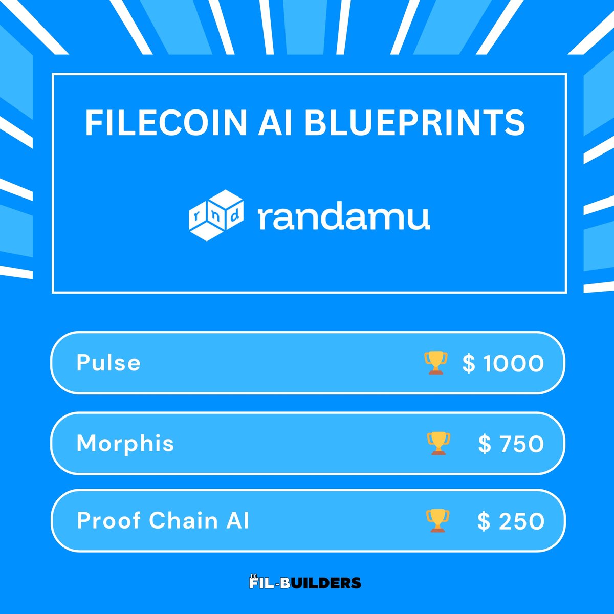 FILBuilders's tweet photo. The @RandamuInc bounty asked: how can verifiable randomness and timelock encryption help build a fairer AI future?

And the winners who delivered are ...
🏆 Pulse
🏆 Morphis
🏆 ProofChainAI

From time-locked predictions to provably fair coordination, each team explored how randomness can drive trust in decentralized AI.