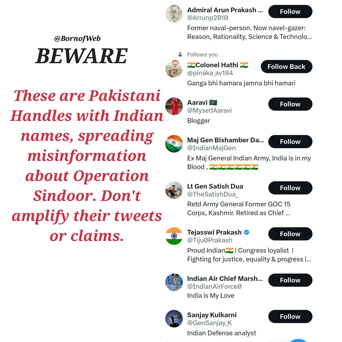 Karan Bhardwaj (@bornofweb) on Twitter photo BEWARE! These individuals have been spreading misinformation since last night. Plz take action. <a href="/AshwiniVaishnaw/">Ashwini Vaishnaw</a> <a href="/mygovindia/">MyGovIndia</a> <a href="/amitmalviya/">Amit Malviya</a> #OperationSindoor #IndianArmy #IndiaPakistanWar BEWARE! These individuals have been spreading misinformation since last night. Plz take action. <a href="/AshwiniVaishnaw/">Ashwini Vaishnaw</a> <a href="/mygovindia/">MyGovIndia</a> <a href="/amitmalviya/">Amit Malviya</a> #OperationSindoor #IndianArmy #IndiaPakistanWar