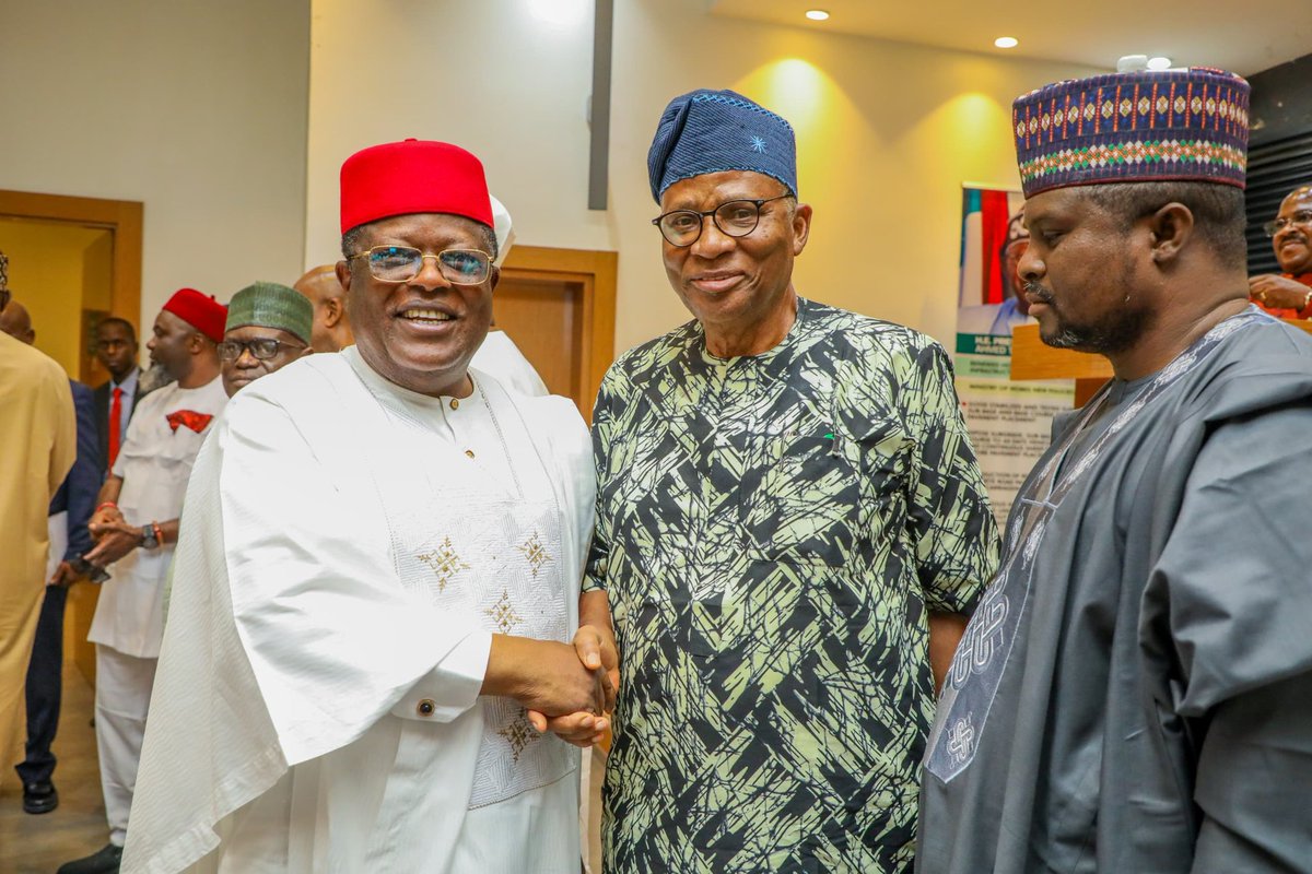 realsafagbemi's tweet photo. The Forum of All Progressives Congress (APC) Chairmen, comprising state chairmen of the ruling party across the federation, paid a courtesy visit to the Honourable Minister of Works, His Excellency Senator Engr. David Umahi, at the Conference Hall of the Federal Ministry of https://t.co/MD293pRMHt