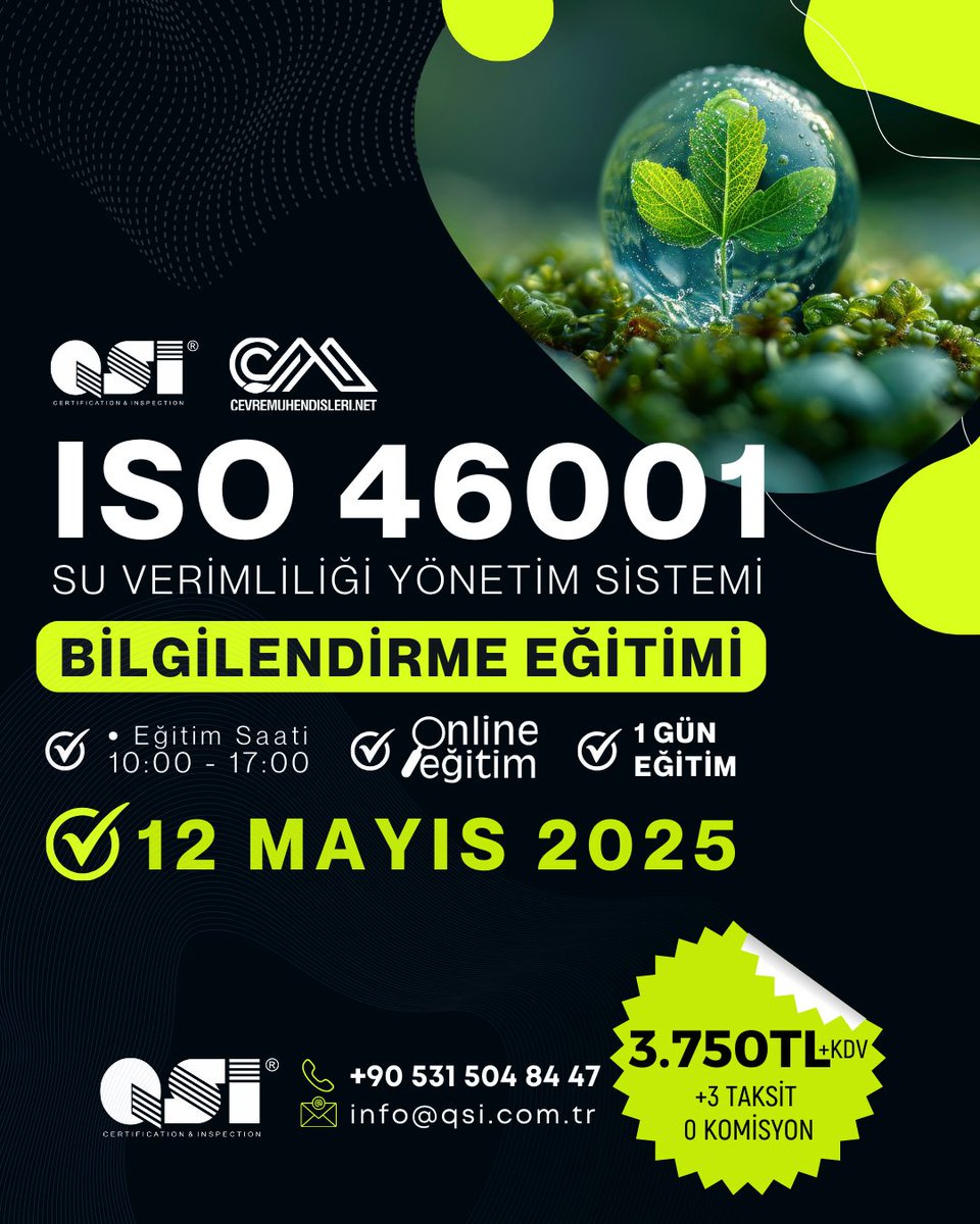 ISO 46001 Su Verimliliği Yönetim Sistemi Eğitimi, kuruluşların su tüketimini sistematik şekilde yöneterek sürdürülebilirliğe katkı sağlamalarını hedefler. Eğitim kapsamında; standardın yapısı, su verimliliği ilkeleri, su kullanım analizi, risk değerlendirmesi, hedef belirleme ve