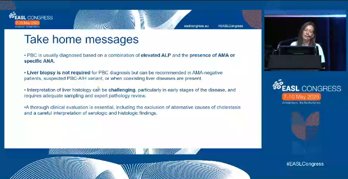 <a href="/EASLnews/">EASLnews</a> <a href="/macarlotal/">Maria Carlota Londoño</a> just opened the #PGC with key insights on diagnostic challenges in #PBC:
✅ ALP + AMA/ANA are key to diagnosis
🧬 Biopsy not always required, but useful in AMA-negative or overlap cases
🔍 Histology can be tricky -> expert review essential

<a href="/BergquistAnnika/">Annika Bergquist</a>