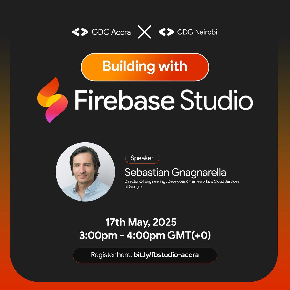 GDG Nairobi #DevFestNairobi #DevFest2024 (@gdg_nairobi) on Twitter photo 🔥 EXCITING NEWS! 
Our #BuildWithAI series for 2025 kicks off with a bang! 
Join us as <a href="/sgnagnarella/">Seba Gnagnarella</a> from <a href="/Google/">Google</a> leads a session on "Building with <a href="/Firebase/">Firebase</a> Studio" 🚀 
📅 Sat, May 17 ⏰ 3PM GMT
📍 Online
Register now: bit.ly/fbstudio-accra
#Firebase <a href="/googleafrica/">Google in Africa</a> <a href="/GDGAccra/">GDG Accra | #DevFestAccra</a> 🔥 EXCITING NEWS! 
Our #BuildWithAI series for 2025 kicks off with a bang! 
Join us as <a href="/sgnagnarella/">Seba Gnagnarella</a> from <a href="/Google/">Google</a> leads a session on "Building with <a href="/Firebase/">Firebase</a> Studio" 🚀 
📅 Sat, May 17 ⏰ 3PM GMT
📍 Online
Register now: bit.ly/fbstudio-accra
#Firebase <a href="/googleafrica/">Google in Africa</a> <a href="/GDGAccra/">GDG Accra | #DevFestAccra</a>