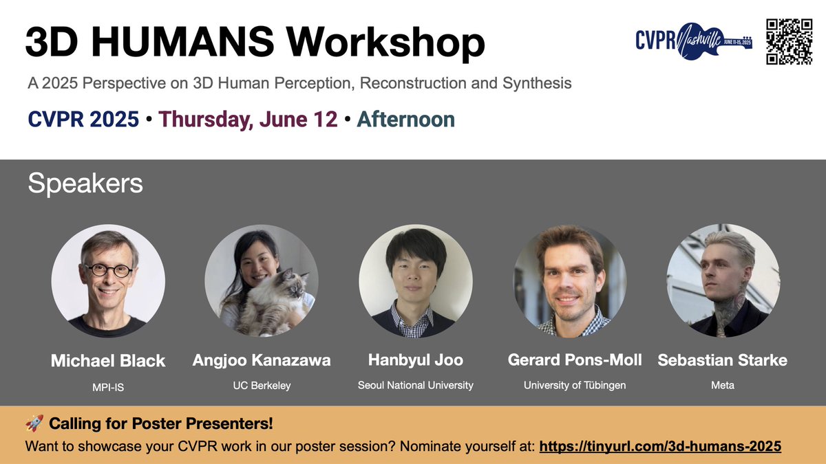 The 2nd 3D HUMANS workshop is back at <a href="/CVPR/">#CVPR2025</a>!

📍Join us on June 12 afternoon in Nashville for a 2025 perspective on 3D human perception, reconstruction &amp; synthesis.

🖼️ Got a CVPR paper on 3D humans? Nominate it to be featured in our poster session! 👉 tinyurl.com/3d-humans-2025