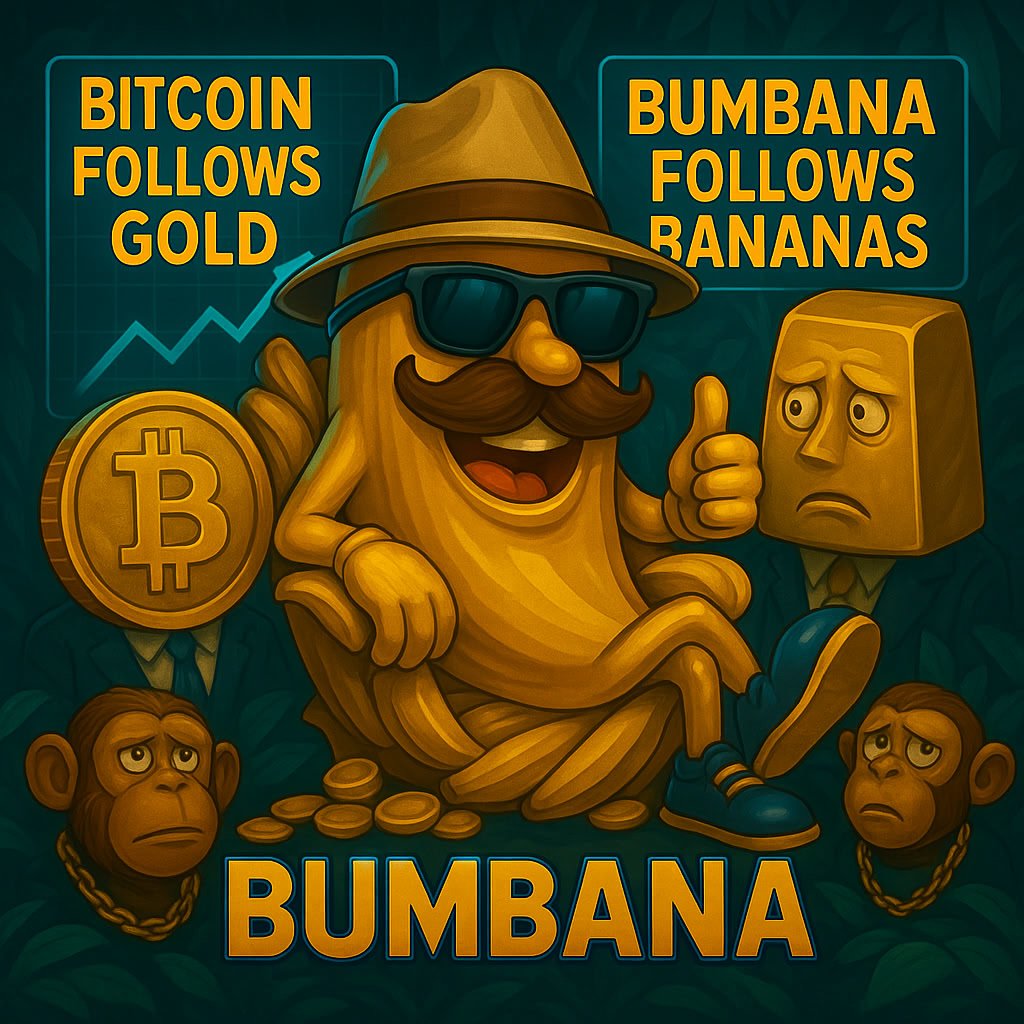 🏆 Bitcoin Follows Gold. BumBana Follows Bananas.

Analysts claim Bitcoin is finally decoupling from stocks and aligning with gold.

It's trying to grow up and be serious now.😊

Meanwhile, BumBana’s just decoupled from gravity — riding a flaming banana straight into a Solana
