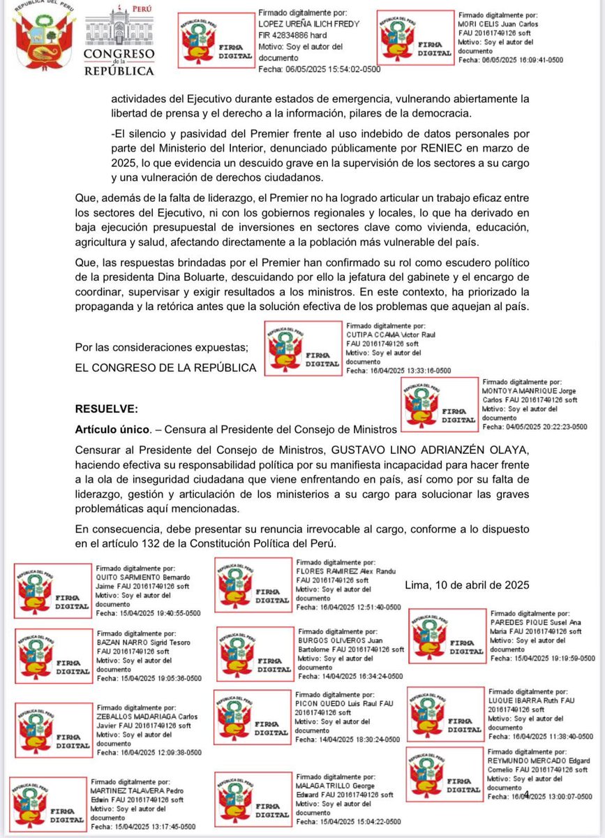 🚨 Hemos logrado, de forma multipartidaria, 35 firmas. ¡Moción de censura contra Adrianzén, ahora! 

#Censura #Adrianzen