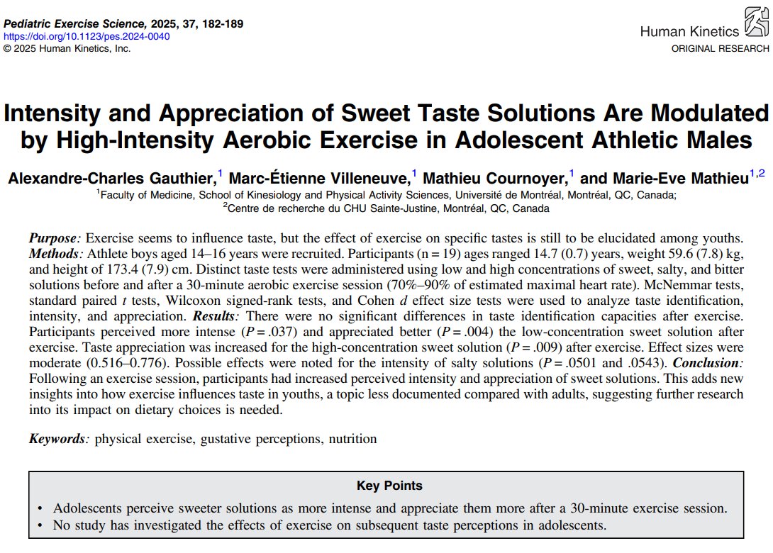 Pediatric Exercise Science (@pesjournal) on Twitter photo Gauthier et al. found that following an exercise session, youths had increased perceived intensity and appreciation of sweet solutions. DOI: doi.org/10.1123/pes.20… Gauthier et al. found that following an exercise session, youths had increased perceived intensity and appreciation of sweet solutions. DOI: doi.org/10.1123/pes.20…