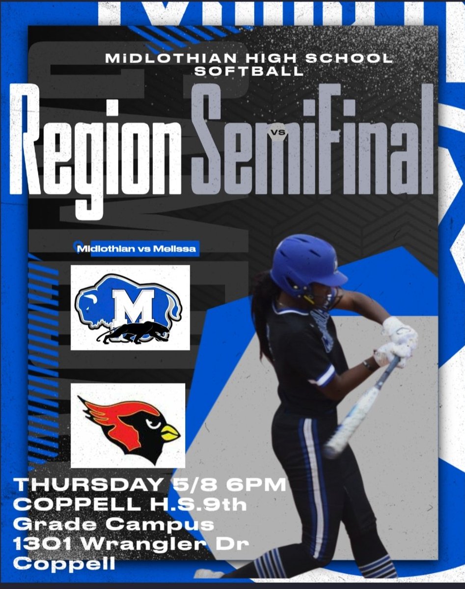 Mhspantherradio (@mhspantherradio) on Twitter photo <a href="/Midlo_Sball/">Midlothian High Softball</a> takes on <a href="/melissaisd/">Melissa ISD</a> in the Region Semi Finals Thursday 5/8 6PM 9th grade campus 1301 Wrangler Dr Coppell
Get Up Get Out & Get Loud!
<a href="/MHSPanthers/">Midlothian High School</a> <a href="/Aniyah_G2026/">Aniyah Givens</a> <a href="/Midlo_Sball/">Midlothian High Softball</a> takes on <a href="/melissaisd/">Melissa ISD</a> in the Region Semi Finals Thursday 5/8 6PM 9th grade campus 1301 Wrangler Dr Coppell
Get Up Get Out & Get Loud!
<a href="/MHSPanthers/">Midlothian High School</a> <a href="/Aniyah_G2026/">Aniyah Givens</a>